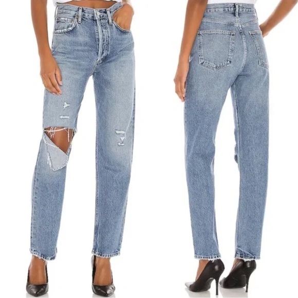 AGOLDE 90s Pinch High Rise Straight Leg Jeans Revolve Blue‎ Denim Distress Sz 24 - Picture 1 of 15